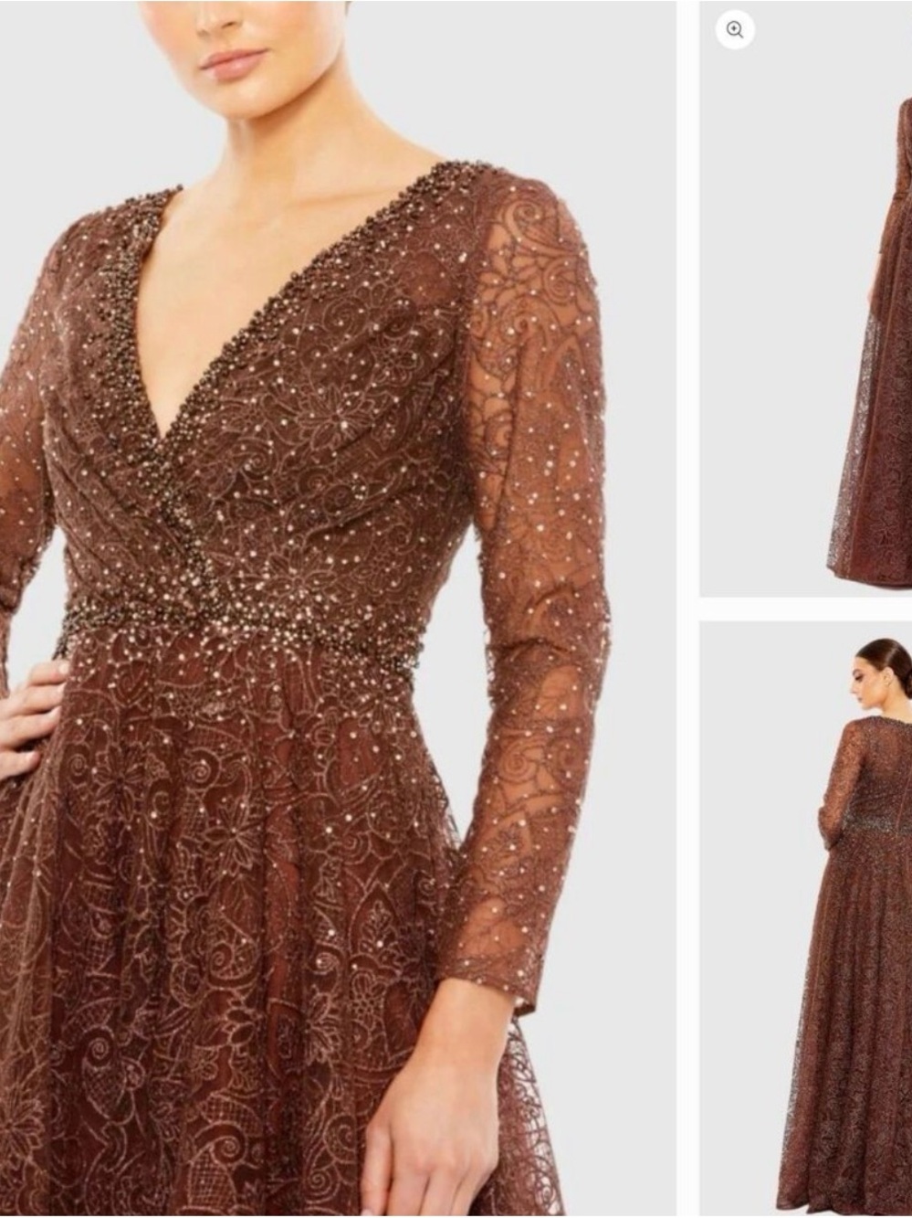 Mac Duggal Brown Beaded V-Neck Maxi Dress